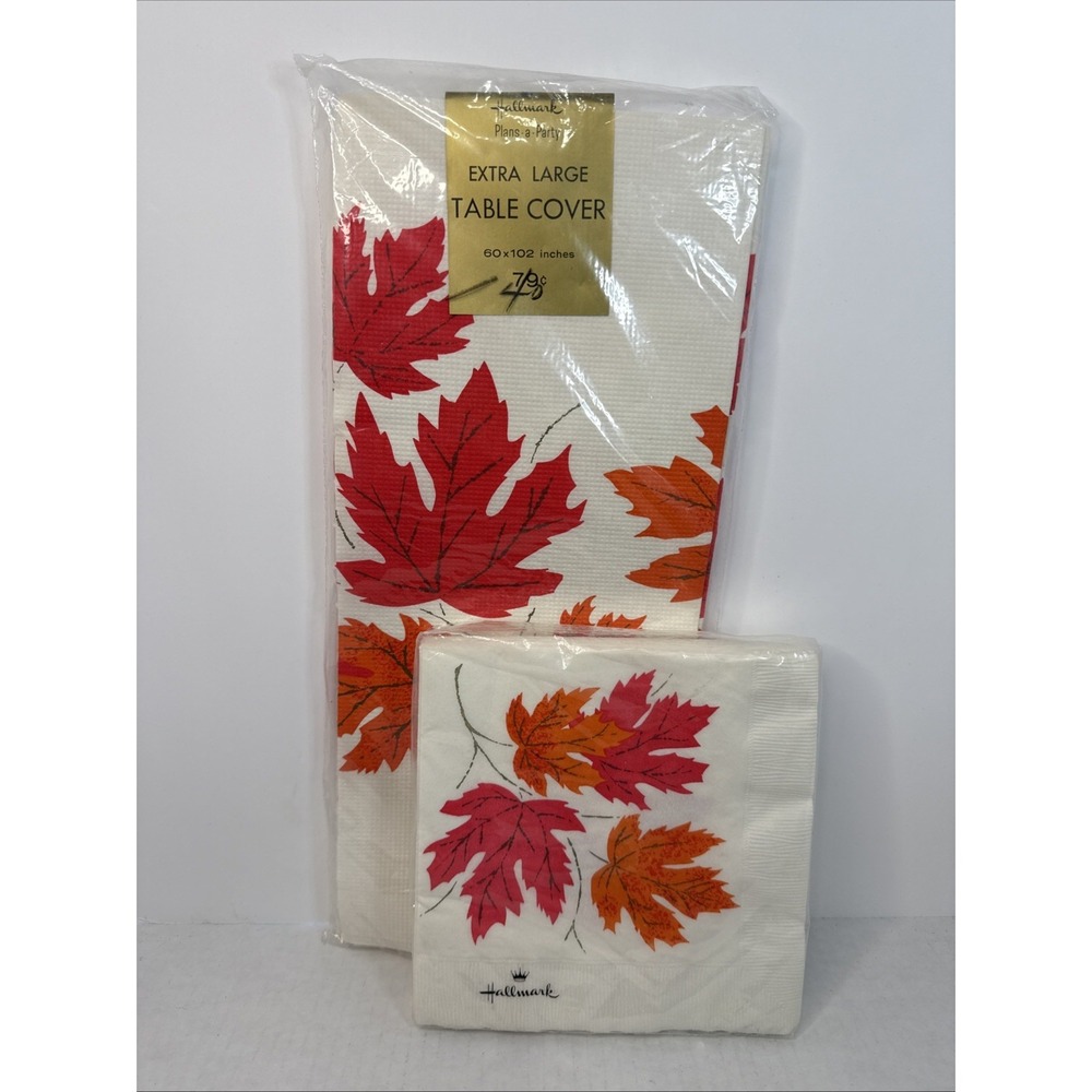 VTG Hallmark Paper Autumn Leaves‎ Table Cover And Napkins 60's Thanksgiving